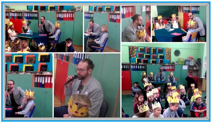 Kolaż zdjęć przedstawiający Andrzeja Haunera podczas mini wywiadu z dziecmi ze świetlicy szkolnej.