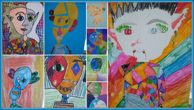 Kolaż zdjęć przedstawijący kolorowe prace plastyczne uczniów. Wykonanie w stylu Picasso.