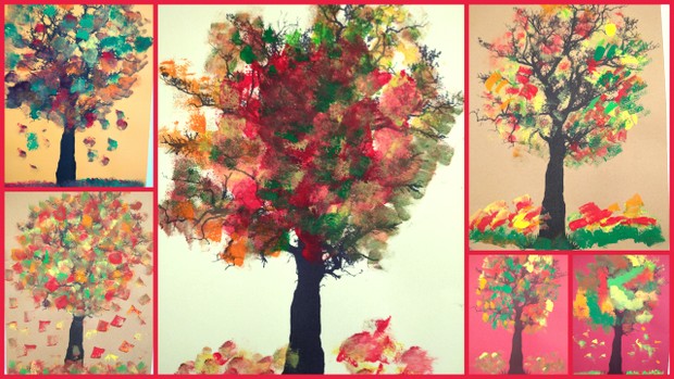 Kolaż przedstawiający prace dzieci ze świetlicy - jesienne drzewa wykonane za pomocą kolorowych farb plakatowych oraz kwałków gąbki