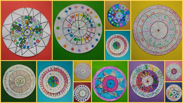 Dzień Kropki - kolaż przedstawia różnokolorowe mandale ozdobione przez wychowanków świetlicy