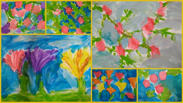 Kolaż zdjęć przedstwiający prace dzieci malowane palcami - jesienne kwiaty