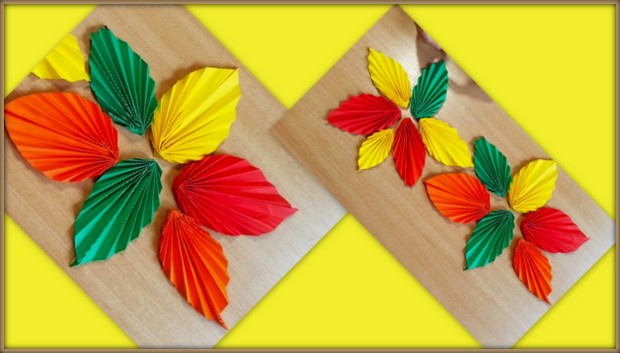 Kolaż zdjęć przedstawiającykolorowe liście składane z harmonijek, wykonane przez dzieci ze świetlicy.
