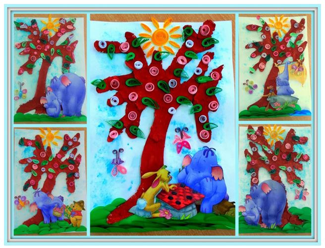 Kolaż zdjęć przedstawiający kolorowe prace plastyczne dzieci wykonane na zajęciach w świetlicy. Bohaterowie Disneya pod drzewkiem z masy papierowej.