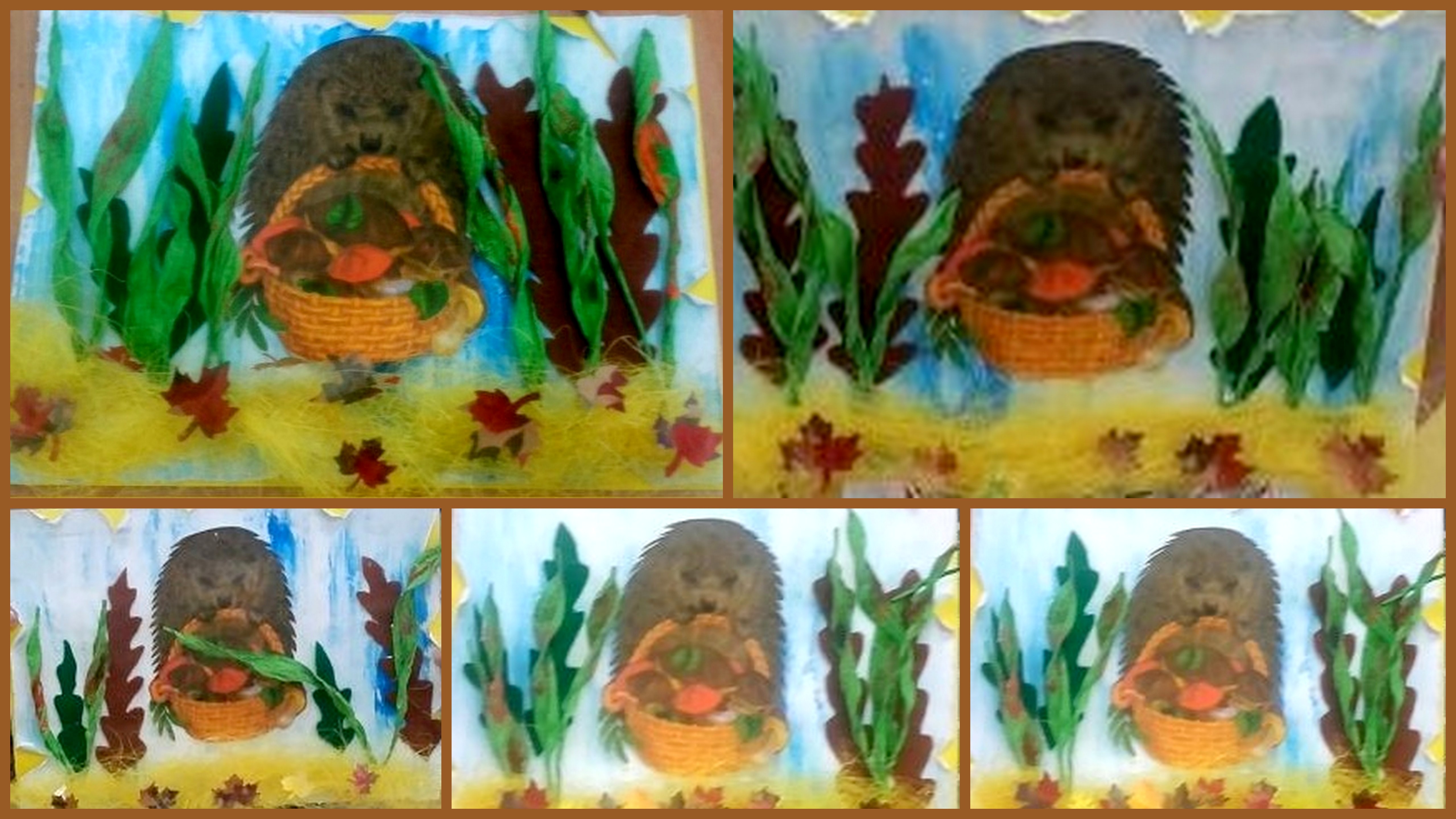 Kolaż przedstawiający prace plastyczne uczniów. Jeżyk trzymający koszyk grzybów, wśród traw i liści.