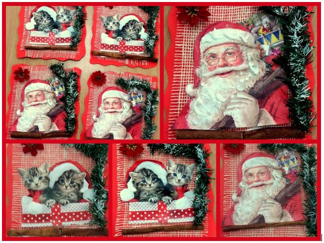 Kolaż zdjęć przedstawiający prace dzieci - świateczne motywy małych kotkówi św. Mikołaja w naczerwonym tle.