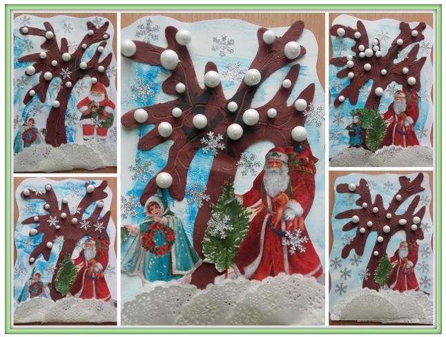 Kolaż zdjęć przedstawiający praceplastyczne dzieci o tematyce mikołajkowo-zimowej. Św.Mikołaj i dzieci stoją pod drzewem. 