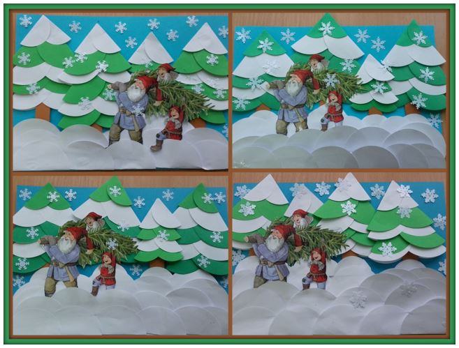 Kolaż zdjęć przedstawiający prace plastyczne dzieci - zimowy las, technika origami z koła, 3 krasnale dźwigający choinkę.