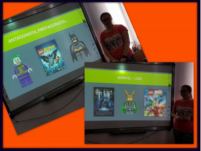 Uzniowskie Forum Naukowe - uczennica przedstwia na tablicy multimedialnej zagadnienia dotyczące antagonistów i protagonistów. Na ekranie widać między innymi figurki Lego: Batmana, Lokiego, Jokera.